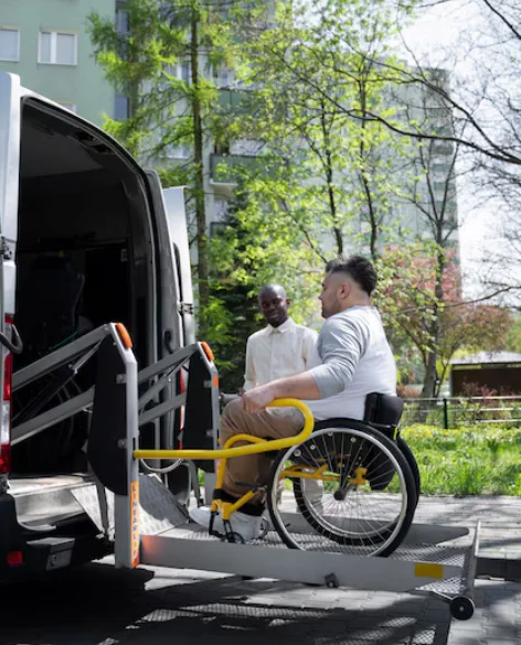 Wheelchair passenger boarding an accessible non emergency medical transportation vehicle serving Van Nuys and nearby San Fernando Valley communities