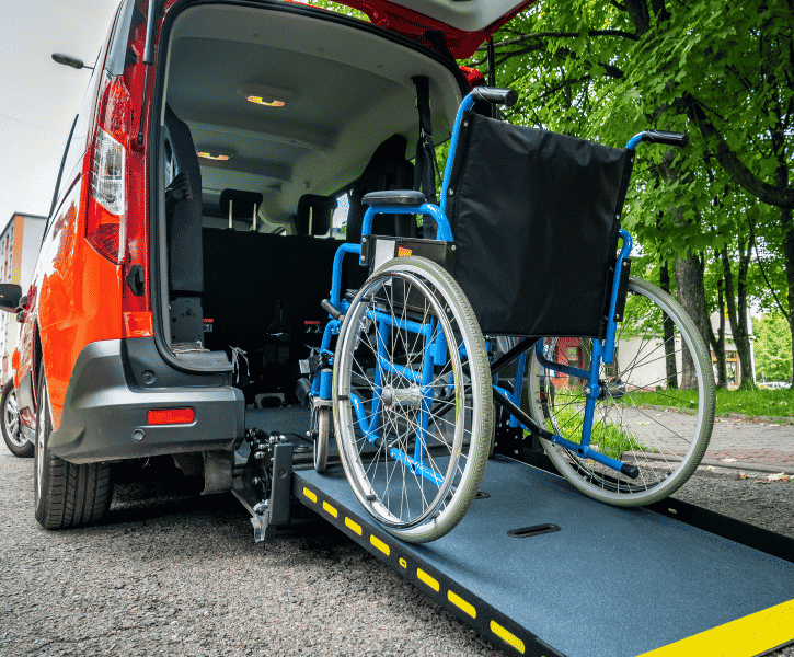 Passenger using transportation wheelchair service in West Hollywood